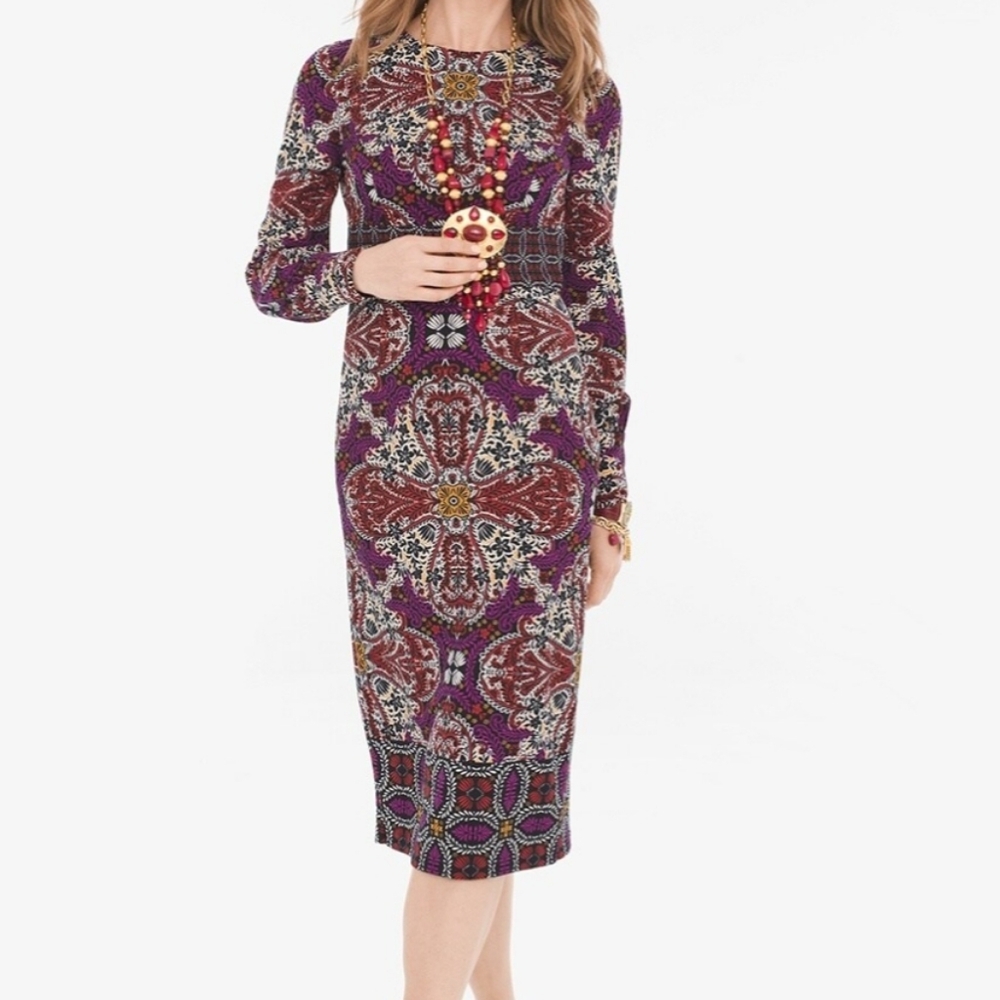 Chico’s Size 3 US Large  Sheath Dress Medallion Print Long Sleeve Balloon